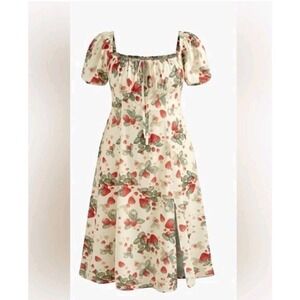 Cider Strawberry Milkmaid Cream Fruit Cottagecore Puff Sleeve Midi Dress Size...